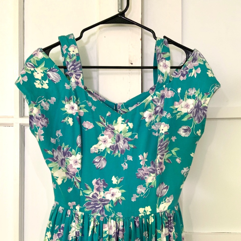 Laura Ashley 80s does 50s teal sateen midi dress - Picture 2 of 5